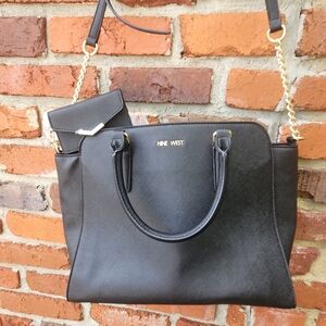 Nine West Black Faux Leather Handbag Over The Shoulder Purse W/ Small Bag